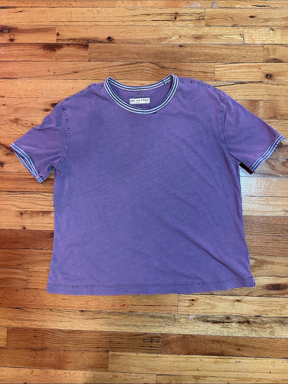 We The Free Purple Short Sleeve Crewneck Tee with Striped Trim